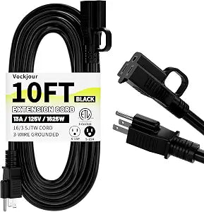 Vockjour 16/3 Black Indoor Outdoor Extension Cord 10 Ft Waterproof