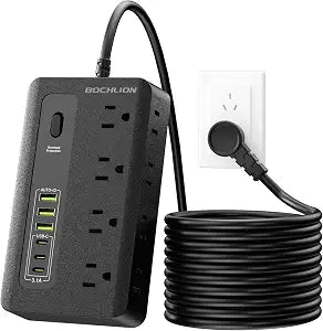 Power Strip with USB, 6ft Surge Protector Flat Plug Extension Cord with 8 Outlets, 3 USB Ports & 3 Type-C Ends (5V/3A), Home Office Outlet Extender (Black)