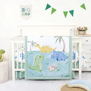 TANOFAR 4-Piece Crib Bedding Set for Baby Boys, Blue Dinosaur Nursery Bedding Set Includes Comforter, Fitted Crib Sheet, Crib Skirt, and Diaper Stacker, Dinosaur