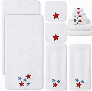 Peryiter 6 Pcs 4th of July Bath Towels Set 250th Anniversary Stars Embroidered Cotton Bathroom Decors Stars Hand Towels White Soft Absorbent Washcloths for Bathroom Shower Drying Independence Day
