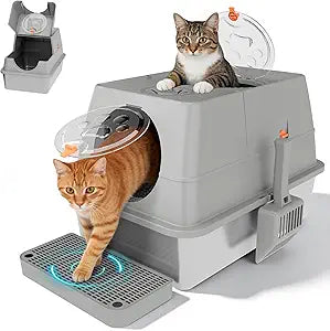 Stainless Steel Litter Box with Lid, XL Extra Large Cat Litter Box Enclosure, Front & Top Entry Covered Metal Cat Box with Steps & Scoop, Easy Cleaning