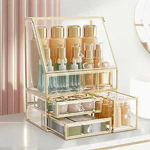 CoralHouse Glass Makeup Organizer for Vanity, Clear Cosmetic Organizer with Drawer, Elegant Skincare Holder for Bathroom Countertop and Dresser