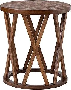 COZAYH Farmhouse End Table, Rustic Round Side Table with X-Motifs Legs, Wood Textured Top, for Boho, French Country Decor, Brown