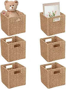 6 Pack 8.7 Inch Wicker Baskets, Hand Woven Paper Rope Storage Baskets, Foldable Cube Storage Bins Organizer Square Wicker Cubes for Shelves Pantry Organizing & Decor