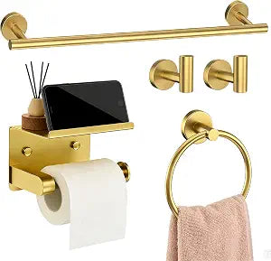 5-Pieces Wall Mount Bathroom Hardware Set,22in Brushed Gold Towel Bar Set