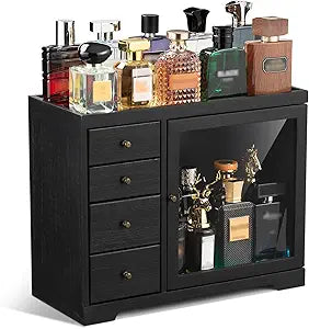 Cologne Organizer for Men, 5 Tier Large Capacity organizador de perfumes, Wooden Dustproof Perfumes Organizer Cologne Stand with 4 Drawer Storage,Gifts Ideas for Loved ones (Black)