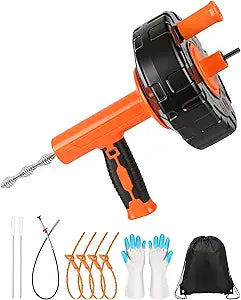 Drain Auger 33 ft, Auto Feed Drain Snake with Drill Adapter, Heavy Duty Plumbing Snake Hair Clog Remover Tool Kit with Gloves & Brushes for Kitchen Sink Shower Bathtub Bathroom Toilet Clog Removal