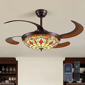 Siljoy 48" Tiffany Fandelier Tiffany Ceiling Fans with Lights, Stained Glass Ceiling Fan with Remote, Vintage Tiffany Fan with Retractable Blades, 6 Speed, Timer, Dimmable for Bedroom and Living Room