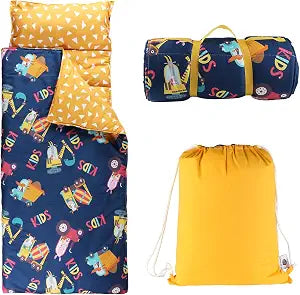 Toddler Nap Mat with Removable Pillow & Soft Blanket, All-in-One Lightweight Sleeping Bag for Daycare, Preschool, Kindergarten & Travel, Washable Bedding for Kids Boys & Girls