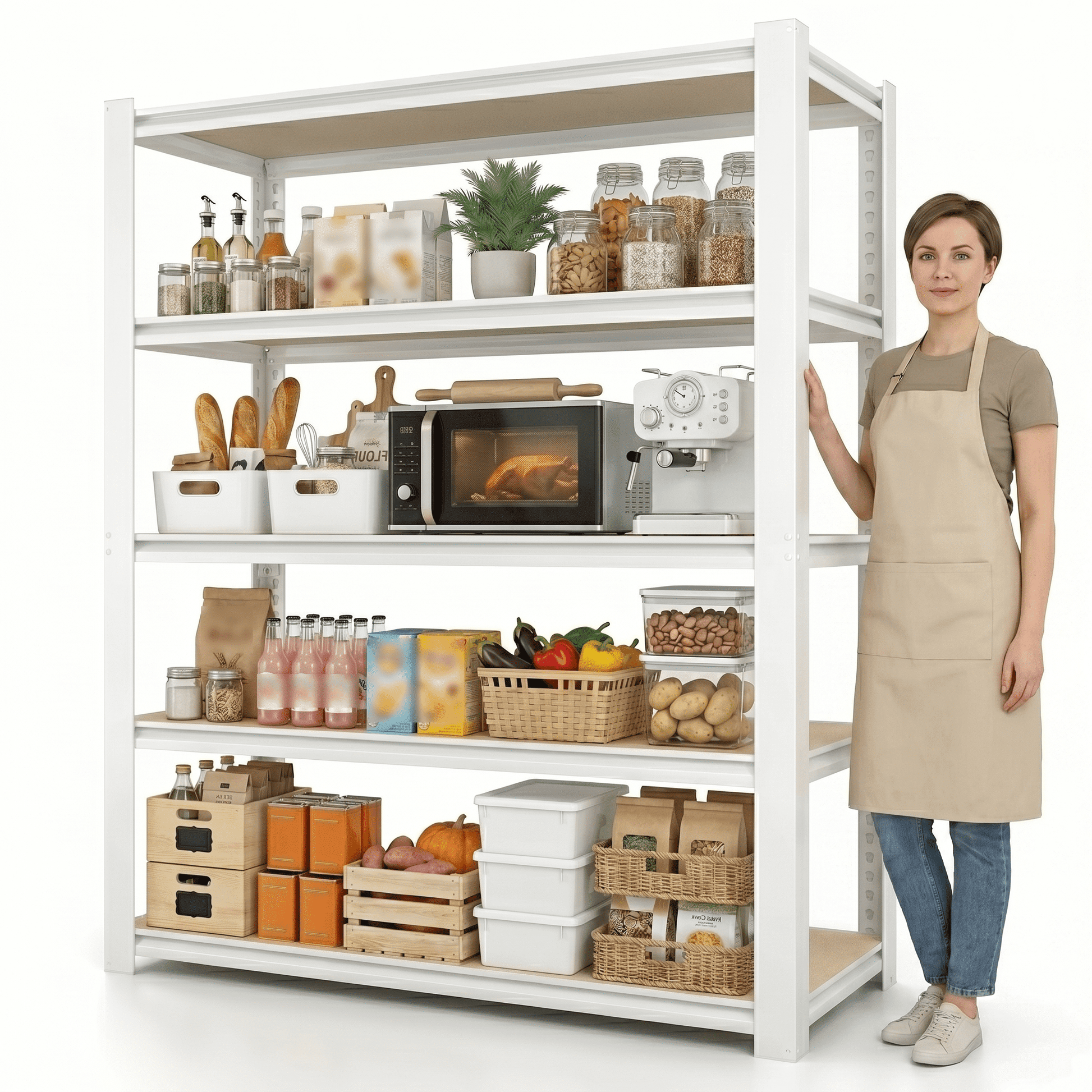 72"H Adjustable Pantry Shelves, Metal Shelving Unit for Garage, 5-Tier Steel Shelving Rack for Kitchen, Pantry, Closet, Laundry 35.96" W x 15.96" D, White