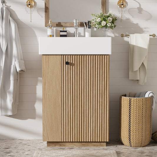 Boyel Living 21.6 Inch Bathroom Vanity with Ceramic Sink Wood Grain Cabinet Right Door Soft Close and Open Storage