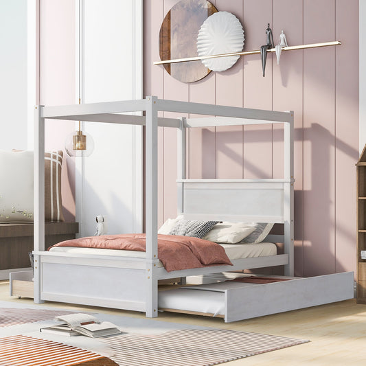 GDFStudio Full Canopy Bed with Solid Pine Frame  Trundle  and 2 Drawers