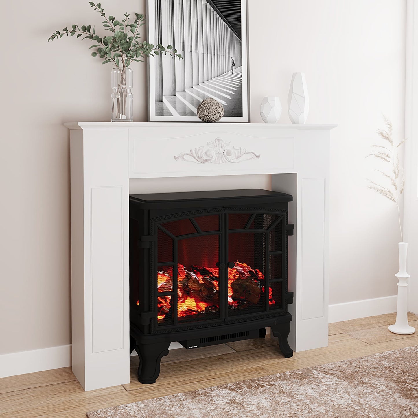 SUNCREAT 44.7in White Fireplace Mantel Minimalist Painted Fir Wood with Anti Tipping Kit Decorative Display Shelf for Electric Fireplace Home Decor