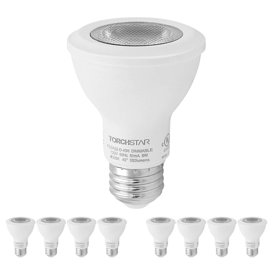 TORCHSTAR 8W Dimmable PAR20 LED Spot Light Bulbs, for Recessed, Track Lighting, 50W Equivalent, Damp Location Available, 4000K Cool White, E26 Medium Screw Base, UL & Energy Star Listed, Pack of 4