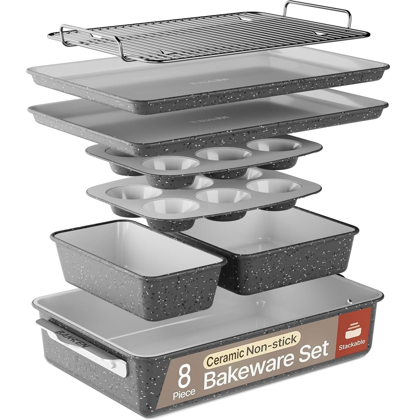 Juego de ReposterÃ­a Apilable de 8 Piezas - Acero Aluminizado con Recubrimiento CerÃ¡mico Antiadherente, Horneado Saludable, Asas ErgonÃ³micas, Rejilla de Enfriamiento, No TÃ³xico, Apto para Horno, Calidad Duradera