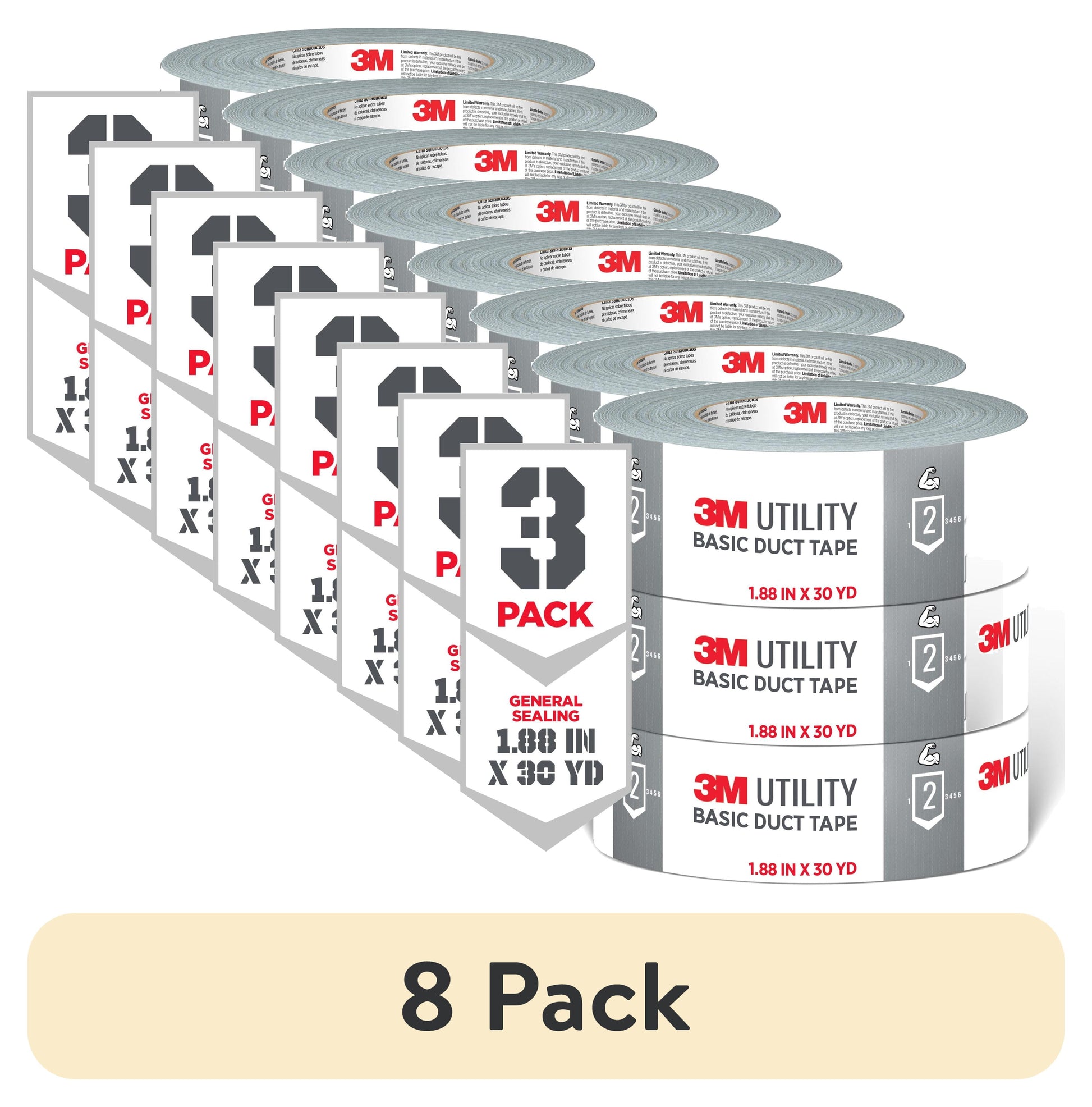 (8 pack) 3M Utility Duct Tape, Silver, Basic Use, 1.88 in. x 30 yd., 3 Pack