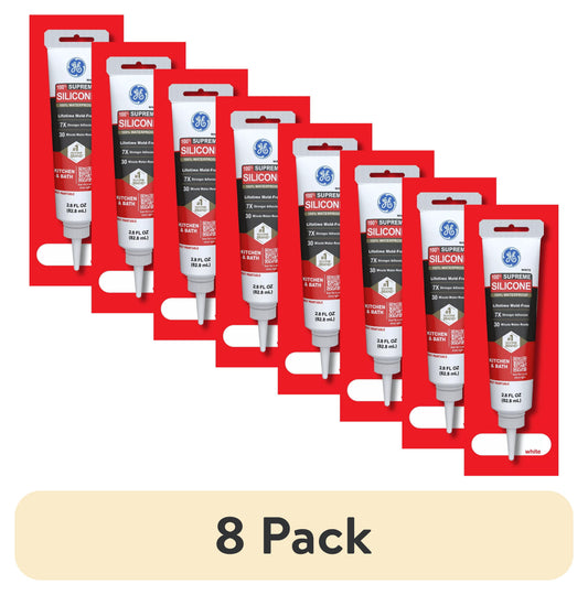 (8 pack) GE Supreme Silicone Kitchen & Bath Sealant, Pack of 1, White 2.8 fl oz Tube