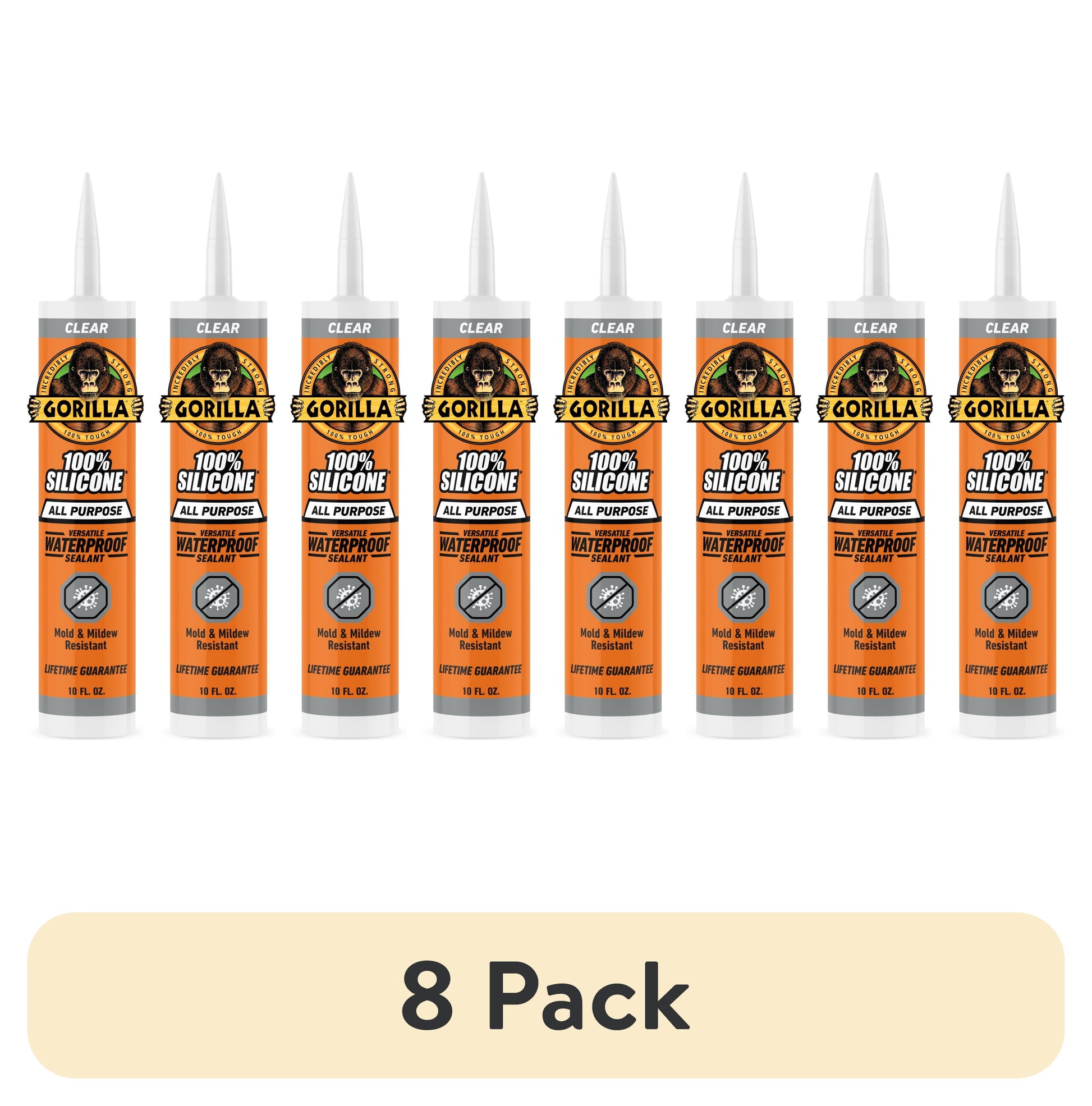 (8 pack) Gorilla Waterproof Caulk & Seal Silicone Sealant, 10oz Cartridge - Clear Caulking Sealant for Kitchen, Window, Bath, Marine, Door and More