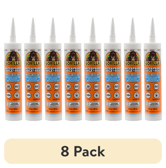 (8 pack) Gorilla Waterproof Caulk & Seal Silicone Sealant, 10oz Cartridge - White Caulking Sealant for Kitchen, Window, Bath, Marine, Door and More