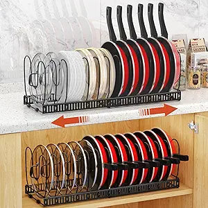 Housolution 2 Pack Pot and Pan Organizer, 12"-23" Expandable Pot Lid Organizer with 14 Adjustable Dividers, Pan Lid Holder Storage Rack for Cabinet, Black