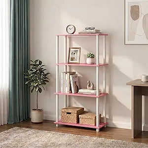 Furinno Turn-N-Tube Storage Shelves, 4-Tier Book Shelf, Corner Shelf, Toolless Open Shelves, for Organization and Storage, Living Room, Bedroom, Entryway, Laundry, Soft Pink