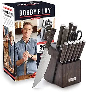 GreenPan x Bobby Flay 13 Piece Stainless Steel Cutlery Kitchen Knife Block Set, Premium Stainless Steel Blades, Acacia Wood Knife Block, Hand Finished Ergonomic Wood Handle, Damascus Steel Design