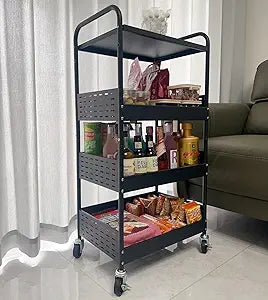 Stable 4 Tier Rolling Metal Storage Organizer, Heavy Duty Kitchen Rolling Cart, Metal Top Vegetable Storage Cart with Wheels for Kitchen Pantry Utility Use (Black)