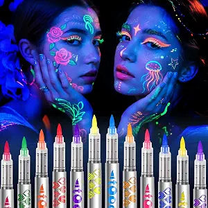 UV Neon Face Paint Markers 12 Colors, Halloween Glow in the dark Body Paint