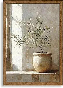 AVECCO Framed Vintage Olive Botanical Tree Canvas Wall Art, Rustic Farmhouse Wall Decor, Unique Plant Art Prints for Bathroom Bedroom Living Room Office Home Kitchen Decoration Ready to Hang 20x30 In