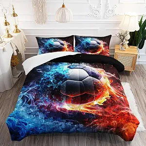 Soccer Print Themed Comforter 3Pcs Full Gaming Sport Soccer Bedding Set for Kid Teen Girl Boy Adult Balls Sports Games Ice and Fire Football Quilt Room Decor with 1 Comforter and 2 Pillowcases