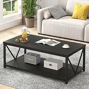 EXCEFUR Black Coffee Table, Modern Wood and Metal Living Room Table with Storage Shelf, 47 Inch
