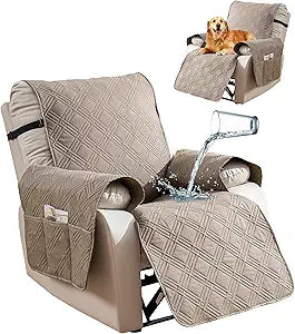 Reversible Recliner Chair Cover, Waterproof Recliner Chair Covers with Pocket Washable Reclining Chair Cover Furniture Protector for Kids, Pets (23.6'', Taupe)