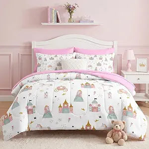 Pamnest Comforter Set Twin Size, Sweet Princess Castle 5 Pcs Bedding for Kids and Girls, Cute Pink Unicorn Bed Sheet Sets with Fitted Sheet 2 Pillowcases & 2 Shams for Bedroom Bed Decor