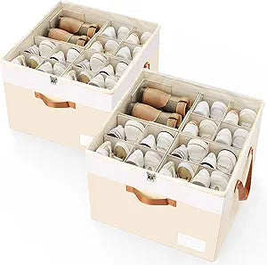 Criusia Shoe Organizer for Closet, 2 Pack Foldable Shoe Storage Organizer Box Bin with Adjustable Dividers and Clear Cover, Closet Shoe Storage for Sneakers Sandals Boots, Fit 16-32 Pairs, Beige