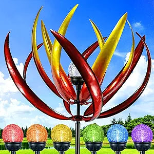 Wind Spinners Outdoor for Yard and Garden - Wind Sculptures & Spinners - 70 Inch Wind Spinner with Solar Powered Multi-Color Glass Ball Light for Yard Garden Backyard Lawn Decorations -Red and Gold