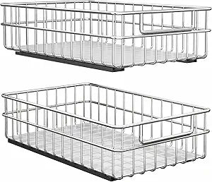 Pull out Cabinet Organizer, Stainless Steel 2-Pack Slide out Drawer with Silent Full-Extension Slides, Adhesive Roll out Can Spice Storage Basket Shelf Rack for Pantry, Kitchen, Bathroom, Home Closet