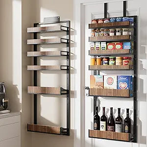 Fulifix Over The Door Pantry Organizer with Solid Wooden Baskets, 6-Tier Pantry Door Organizer Wall Mount, Metal Hanging Spice Rack Organization and Storage for Home, Kitchen, Cabinet