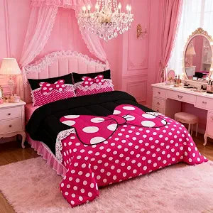 Cartoon Bowknot Kids Comforter Set Queen Size,Geometric Dots Patchwork Modern Bedding Set,Girls Women Room Decor,Bow Tie Fairy Princess Down Comforter,Rose Pink Dreamy Duvet Insert,2 Pillowcases