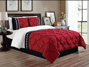 Grand Linen 3 Piece (California) Cal King Size Burgundy Red/Black/White Double-Needle Stitch Puckered Pinch Pleat All-Season Bedding-Down Alternative Embroidered Comforter Set