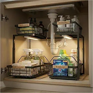 Under Sink Organizer with Motion-Activated LED Lights, 2 Pack, 2 Tier Sliding L-Shaped Carbon Steel Rack with Adjustable Height, Dividers & Hooks (Black)