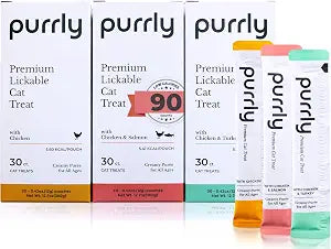 Purrly Low Calorie Premium Lickable Cat Treat Topper Healthy Chicken Variety Bundle (90 Count) Human-Grade Protein with Functional Nutrients Wet Squeeze Creamy Pure Grain-Free Non-GMO Low-Phosphorus