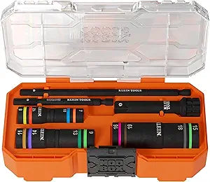 Klein Tools 653MQS KNECT Impact-Rated Quad Socket Set, 12 Sizes in 3 Flip Socket Drivers, 4-In-1 Color Coded Heavy-Duty Multi-Tool, 1/4 and 3/8-Inch Drive, MODbox Storage Case