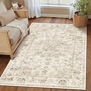 3x4 Washable Neutral Area Rug Beige Vintage Entryway Office Carpet Non-Slip Soft Low Pile Farmhouse Throw Rug for Entrance Living Room Bathroom Dining Room