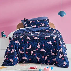 SLEEP ZONE Kids Duvet Cover Set Queen Size 3 Pieces - Super Soft & Cute Comforter Cover with 2 Pillow Shams, Easy Care Zipper Closure (Navy Dolphin, Queen)