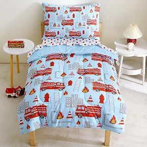 Mooreeke 4 Pieces Toddler Bedding Set - Fire Truck Blue Toddler Comforter Sets for Boys, Includes Comforter, Flat Sheet, Fitted Sheet and Pillowcase, Bed in A Bag for Baby Bedroom