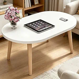 FAMIDGE Coffee Table, 23.6" Small Oval Coffee Tables for Small Space with 4 Solid Wood Leg, Floor Table Desk for Sitting on The Floor, Side Table Japanese Low Table for Living Room Apartment, White