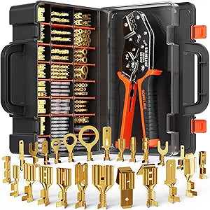 SOMELINE Spade Terminal Crimping Tool Kit AWG 24-14, 24 Types 2.8/3.9/4.8/6.3 mm Male & Female Quick Disconnect Non-Insulated Connectors - Open Barrel Crimping Tool