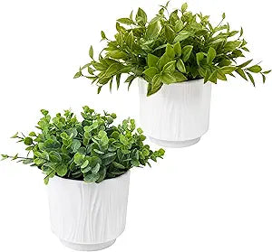 Set of 2 Artificial Potted Plants, Faux Tea Tree and Eucalyptus Greenery in White Ceramic Pots, 10 Inch Small Fake Plants for Shelf Bathroom Office Desk Decor