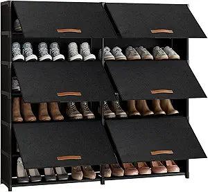 Shoe Storage Cabinet with Door, 42 Pairs Shoe Rack 2 by 7 Tier Space Saving Plastic Shoe Organizer with Cover for Closet, Hallway, Living Room, Bedroom, Garage, Black