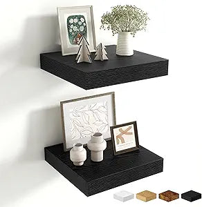 Fun Memories Floating Shelves for Wall 10 Inch, 10 Inch Deep Square Wall Shelves, Bathroom Storage Shelves Over Toilet, Wood Floating Shelves for Living Room Bedroom, Black, Set of 2